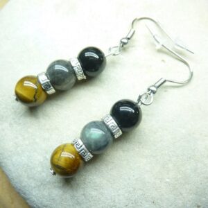 Boucles d'oreilles Oeil de tigre-Labradorite-Tourmaline noire 8 mm