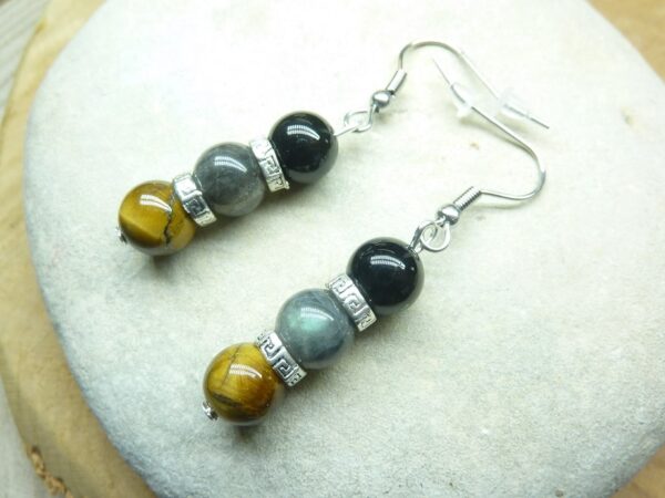 Boucles d'oreilles Oeil de tigre-Labradorite-Tourmaline noire 8 mm