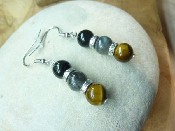 Boucles d'oreilles Oeil de tigre-Labradorite-Tourmaline noire 8 mm