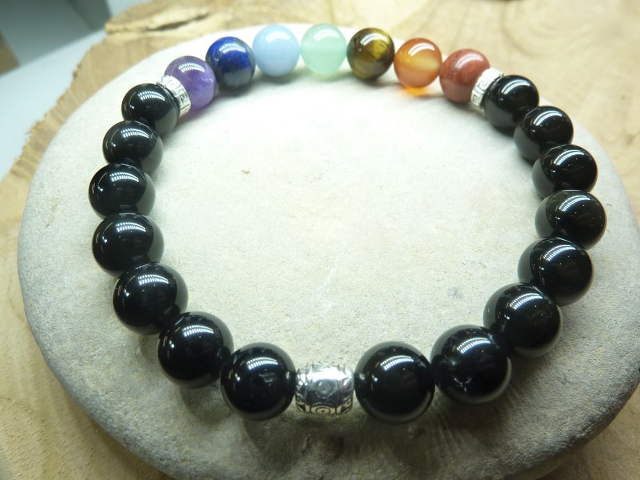 Bracelet Chakras-Obsidienne oeil céleste-perles 8 mm