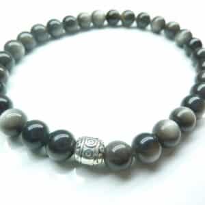 Bracelet Obsidienne argentée perles rondes 6 mm