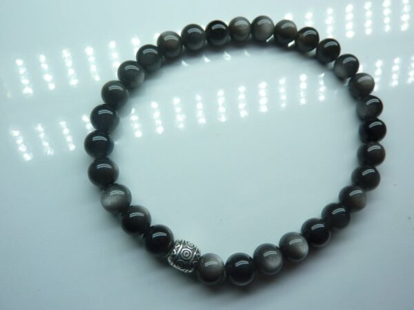 Bracelet Obsidienne argentée perles rondes 6 mm