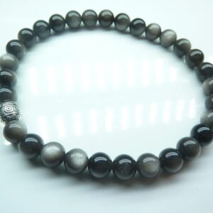 Bracelet Obsidienne argentée perles rondes 6 mm