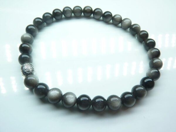 Bracelet Obsidienne argentée perles rondes 6 mm