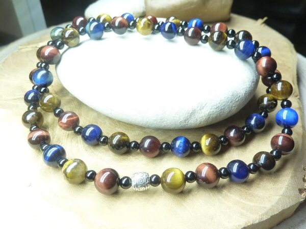 Collier-bracelet oeil de tigre-faucon-taureau-tourmaline noire