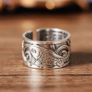 Bague dessin poissons ajustable en argent 995