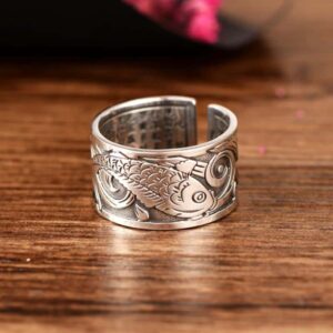 Bague dessin poissons ajustable en argent 995