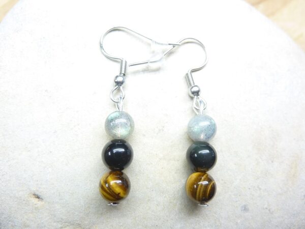 Boucles d'oreilles Oeil de tigre-Labradorite-Obsidienne oeil céleste