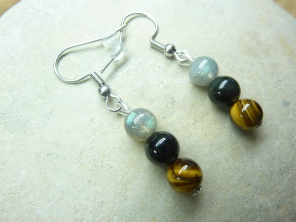 Boucles d'oreilles Oeil de tigre-Labradorite-Obsidienne oeil céleste