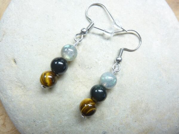 Boucles d'oreilles Oeil de tigre-Labradorite-Obsidienne oeil céleste