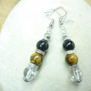 Boucles d'oreilles Oeil de tigre-Quartz cristal de roche-Tourmaline noire