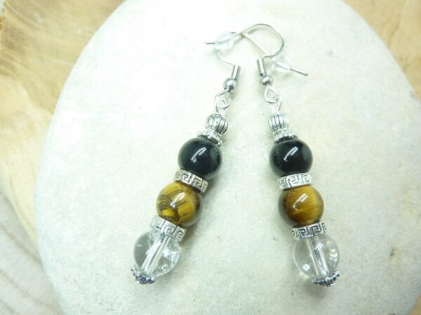 Boucles d'oreilles Oeil de tigre-Quartz cristal de roche-Tourmaline noire