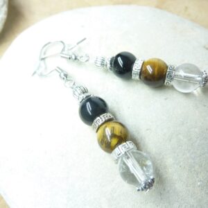 Boucles d'oreilles Oeil de tigre-Quartz cristal de roche-Tourmaline noire