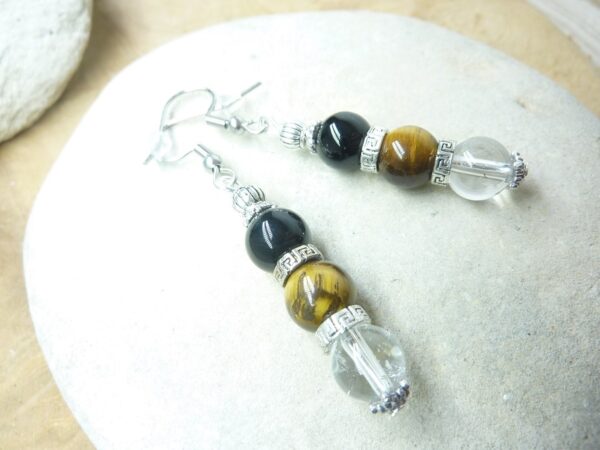 Boucles d'oreilles Oeil de tigre-Quartz cristal de roche-Tourmaline noire