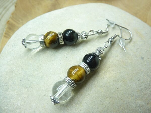 Boucles d'oreilles Oeil de tigre-Quartz cristal de roche-Tourmaline noire