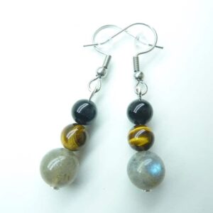 Boucles d'oreilles Labradorite-Oeil de tigre-Tourmaline noire