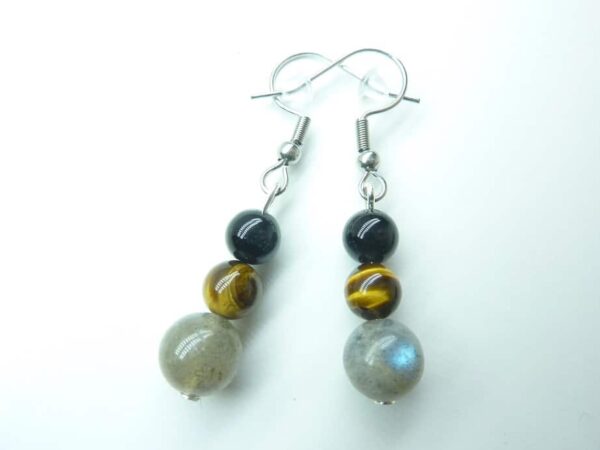 Boucles d'oreilles Labradorite-Oeil de tigre-Tourmaline noire