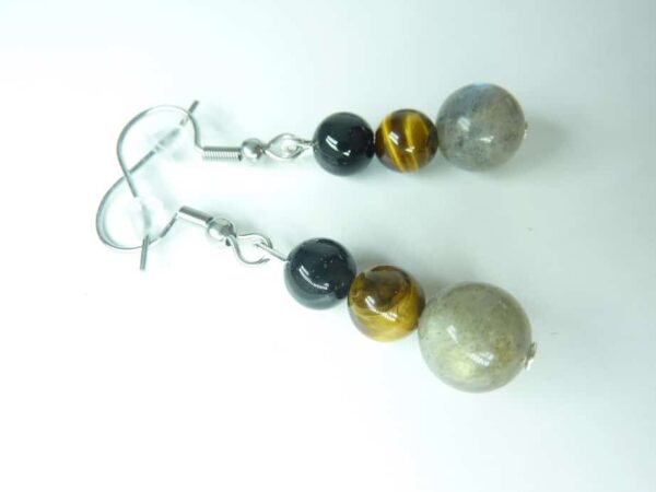 Boucles d'oreilles Labradorite-Oeil de tigre-Tourmaline noire