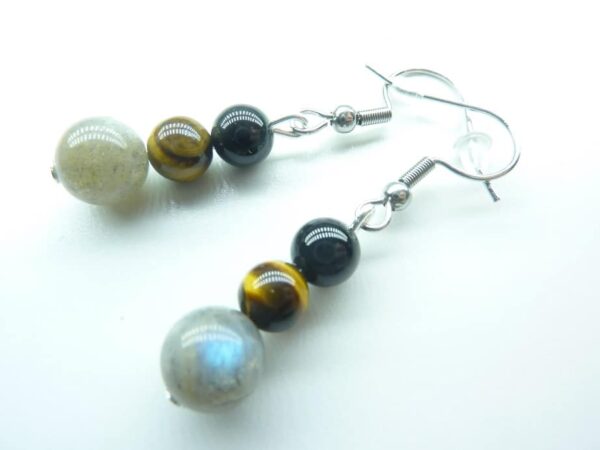 Boucles d'oreilles Labradorite-Oeil de tigre-Tourmaline noire