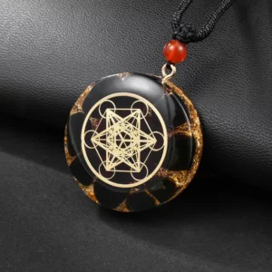 Pendentif orgonite cube Métatron – Obsidienne – grenat