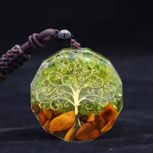 Pendentif orgonite Oeil de tigre-Peridot - Arbre de vie