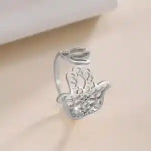 Bague Main de Fatma Hamsa-Fleur de lotus réglable ref argent