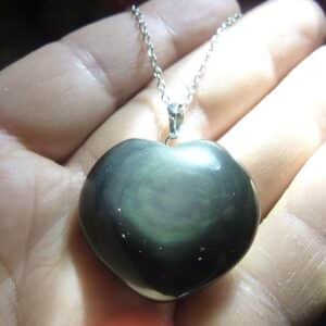 Pendentif coeur Obsidienne oeil céleste argent 925 ref 1107 + chaine acier inoxydable 45 cm