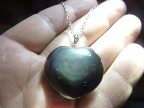 Pendentif coeur Obsidienne oeil céleste argent 925 ref 1107 + chaine acier inoxydable 45 cm