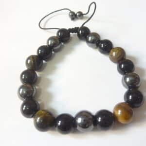 Bracelet réglable Oeil de tigre-obsidienne-hématite-perles 10 mm