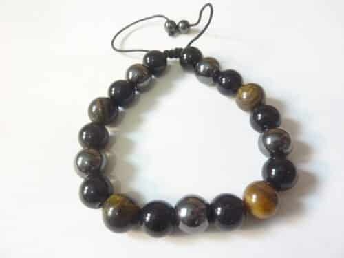 Bracelet réglable Oeil de tigre-obsidienne-hématite-perles 10 mm