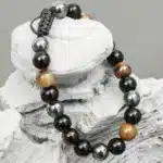 Bracelet réglable Oeil de tigre-obsidienne-hématite-perles 6mm