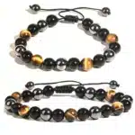 Bracelet réglable Oeil de tigre-obsidienne-hématite-perles 6mm
