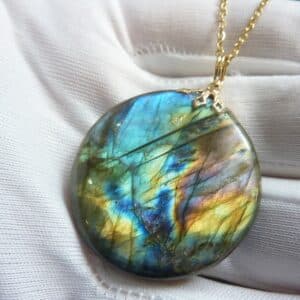 Collier pendentif Labradorite GG 2708 + chaine acier inoxydable doré 50 cm
