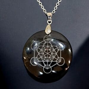 Collier pendentif cube Métatron-Obsidienne noire argent 925 + Chaine acier inoxydable 45 cm