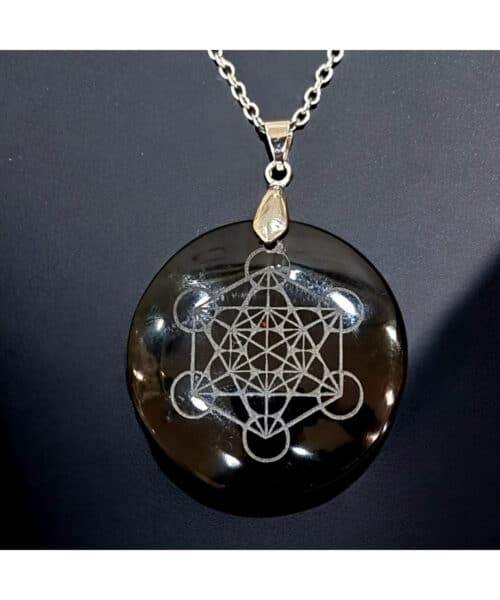 Collier pendentif cube Métatron-Obsidienne noire argent 925 + Chaine acier inoxydable 45 cm