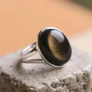 Bague réglable Obsidienne dorée argent 925