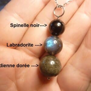 Pendentif Obsidienne dorée-Labradorite-Spinelle noir + chaine acier inoxydable 50 cm
