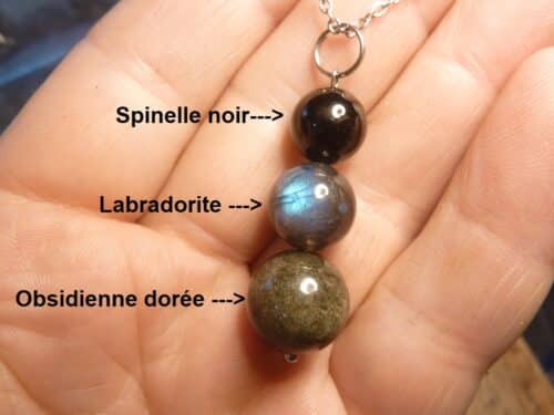 Pendentif Obsidienne dorée-Labradorite-Spinelle noir + chaine acier inoxydable 50 cm