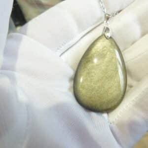 Collier pendentif Obsidienne dorée argent 925 + chaine acier inoxydable 50 cm