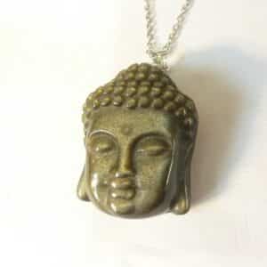 Pendentif Obsidienne dorée-Bouddha + chaine acier inoxydable 50 cm