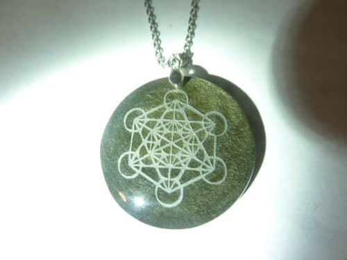 Pendentif Obsidienne dorée-Cube de metatron + chaine acier inoxydable 50 cm