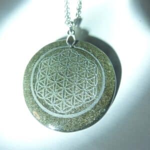 Pendentif Obsidienne dorée-Fleur de vie + chaine acier inoxydable 50 cm