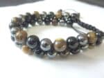 Bracelet réglable Oeil de tigre-obsidienne-hématite-perles 8 mm