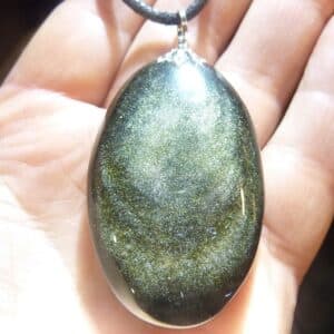 Pendentif Obsidienne dorée + collier cordon en coton cirée 56 cm