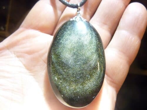 Pendentif Obsidienne dorée + collier cordon en coton cirée 56 cm