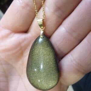 Collier pendentif Obsidienne dorée + chaine acier inoxydable doré 50 cm
