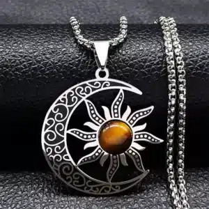 Coller pendentif Lune-Soleil en oeil de Tigre-Wicca